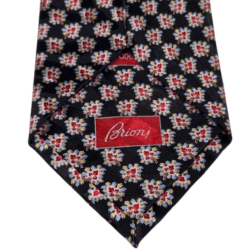 Brioni‎ Silk Necktie Mens Black Floral Geometric Hand Made Italy D060404 Long